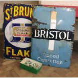 2 Enamel signs, Bristol Cigaretts and st.Bruno and 20 empty Cigarette Packs Condition report: see