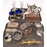 Pewter tea pot etc., mahogany box, glass candlesticks, plated ware, atomiser and brass harness