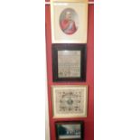 Four framed pictures to include sampler by Fanney Wood 1829; Royal visit programme and souvenir 1909