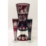 Ruby flashed tall glass vase and a pair of smaller vases Condition report: see terms and