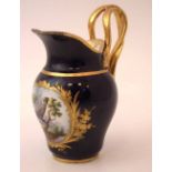 Paris porcelain cream jug circa 1830  painted with a parrot within raised gilt cartouche on a blue