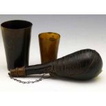 Leather powder flask and two horn beakers (3)