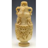 Chinese alabaster vase and cover carved in relief with figures amongst trees in the Cantonese