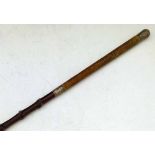 Victorian carriage whip with silver mounts, Birmingham 1896, the knobbled wood shaft with a