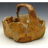 Japanese burl wood basket with an integral top handle, diameter 30cm.