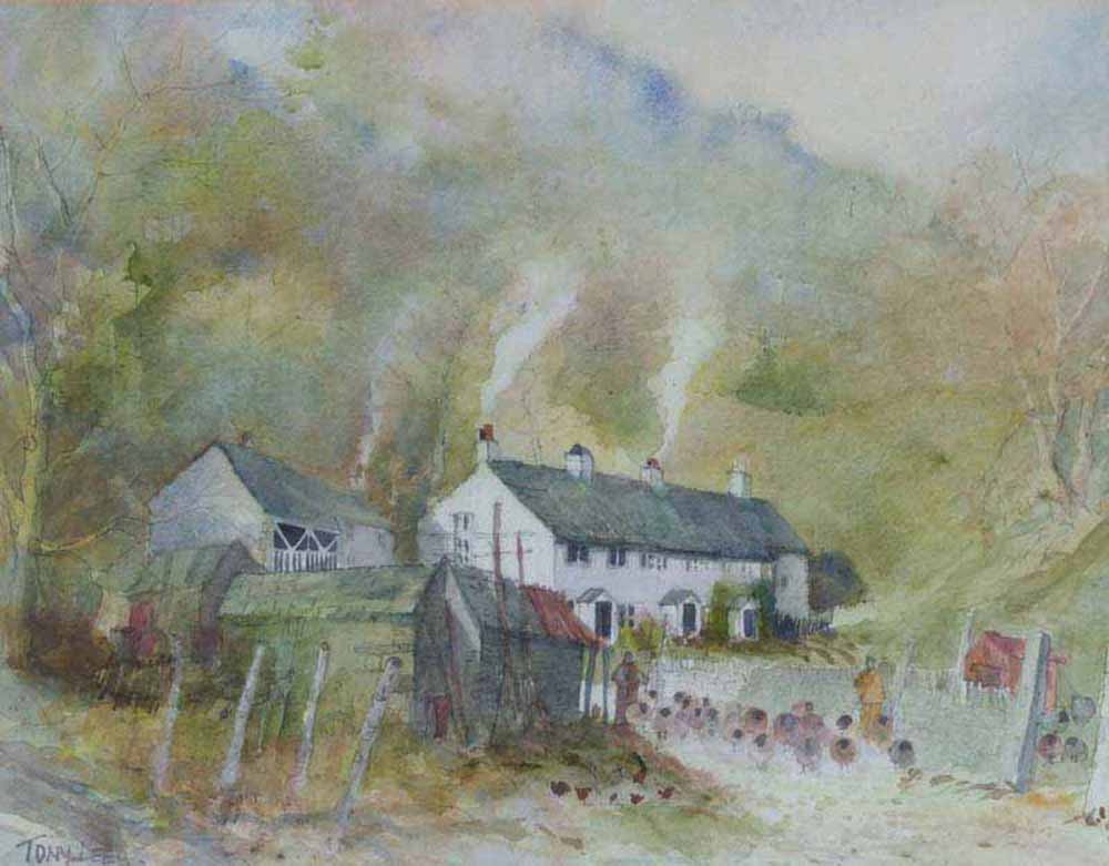 Tony Lees (1940-),   Lakeland cottage with sheep and figures, signed, watercolour, 37 x 50cm.; 14.