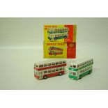 Two Dinky Leyland Atlantean busses: No.292 in red and cream Ribble livery; and No.293 in green and