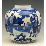 Kangxi style blue and white ginger jar painted with immortals in a landscape, height 17cm.