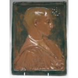Della Robbia Conrad Dressler plaque  the moulded portrait looking towards a tall ship on the wall,