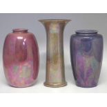 Three Ruskin lustre vases  decorated with pink purple and amber mottled glazes, impressed marks