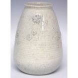 Ruskin vase   decorated with moulded flora on a mottled white ribbed body, impressed marks and