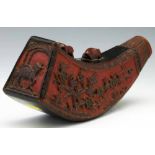 Chinese lacquered wood powder flask, 18th - 19th century, carved with birds in a blosson tree and