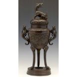 Japanese patinated bronze koro, the body and cover decorated with kirin and dragons, height 38cm
