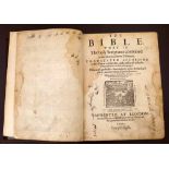 "Breeches" Bible, printed by Christopher Barker, 1599, some early pages frayed and torn, brown calf,