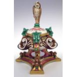 Royal Worcester inkwell  with elaborately modelled body, owl finial, and triform base, printed