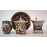 Two Continental cabinet cups,  one with saucer painted with figures, the other painted with a marine