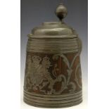 Scandinavian coopered tankard with applied pewter royal arms of Gustavus Adolphus, height 23cm.