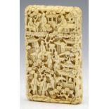 Cantonese ivory card case, 19th century, carved in relief with figures amongst foliage and