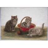 Bessie Bamber glass panel (fl.1900 - 1910)   painted with three kittens, unsigned, 17.5cm x 25cm