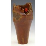 Petrified wood or bamboo brush pot of naturalistic form, sealing wax stamp, height 22cm