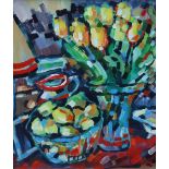 Olivia Pilling (1985-),  "Tulips and Lemons", initialled, titled on verso, acrylic on board, 59 x