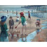 Tom Durkin (1928-1990),  Beach scene with figures, signed, oil on board, 39.5 x 49.5cm.; 15.5 x 19.