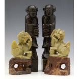 Pair of Chinese carved figural seals, height 19cm and a pair of soapstone carved Lions of Fo, height