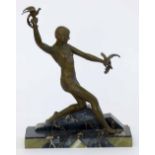 Art deco style green patinated figure of a female dancer with two birds, on an integral marble base,