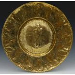 Brass alms dish, the well embossed with the Madonna and child, the lip with Jesus and the twelve