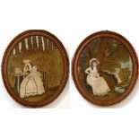 Pair of oval silk embroidered pictures of elegant Georgian women in woodland, early 19th century, 29