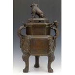 Chinese bronze hexagonal censer and cover with demon side handles, raised on three legs, height