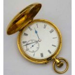 18ct gold cased hunter pocket watch, case London 1915, white enamel Roman dial, subsidiary