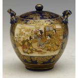Japanese Satsuma globular jar and cover, late Meiji period, decorated on the blue ground with panels