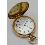 9ct gold hunter pocket watch, case London 1929, white enamel Roman dial, subsidiary seconds, plain