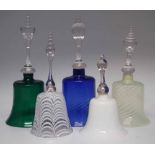 Five Victorian coloured glass bells  fitted with clear glass handles, the tallest bell measures 31cm