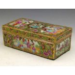 Cantonese rectangular brush box and cover decorated with panels of figures, length 19.5cm