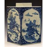 Kangxi style blue and white square jar decorated on each side with landscapes, six character mark of