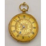 18ct gold cased pocket watch, possibly London 1875, the engraved gilt floral dial in an engraved
