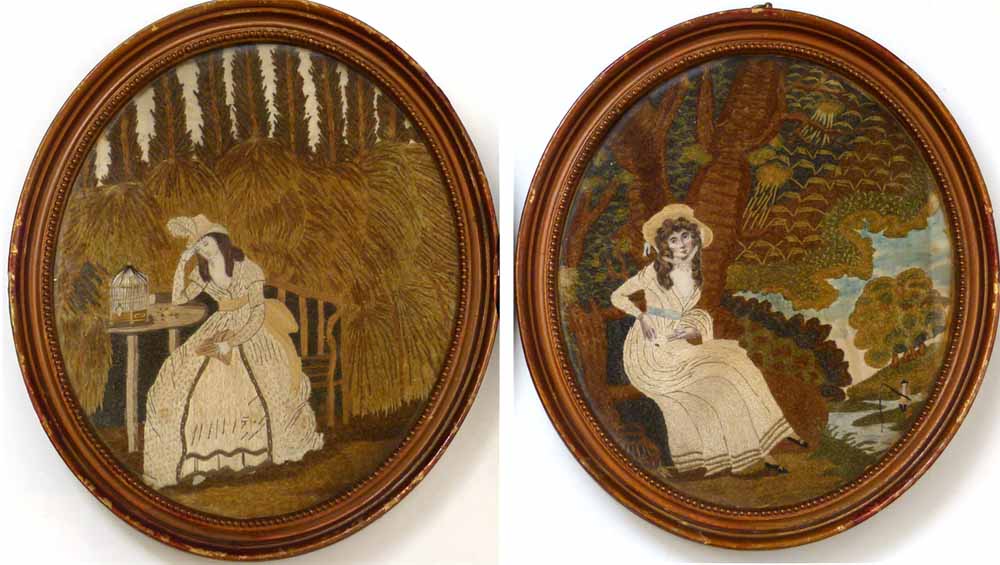Pair of oval silk embroidered pictures of elegant Georgian women in woodland, early 19th century, 29