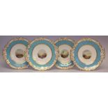 Four Graingers Worcester twin handled dishes circa 1850   painted with landscapes within sky blue