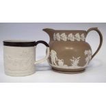 Clews stoneware jug circa 1820  sprig moulded with cherubs, also a T&J Hollins mug moulded with 'The