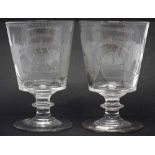 Pair of Sunderland Bridge glass rummers  engraved with a titled scene of the Ironbridge and River