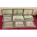 Four coloured shipping prints "H.M.S. Latona" etc. five others in frames "Swiftsure" and "Highflyer"