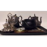 Small cast iron cauldron, two pewter tea pots, tankard, egg cup set and an aneroid barometer.