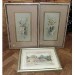 Framed watercolour of harvesting scene and two still life floral watercolours, T. Salthouse.