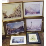 Quantity of modern print and one watercolour painting mainly depicting Venice (6) Condition