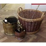 Brass coal bucket, copper/brass fire tidy and log basket etc. Condition report: see terms and