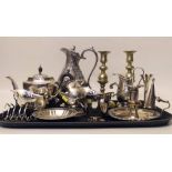 Pair of brass candlesticks and a collection of E.P. items. Condition report: see terms and