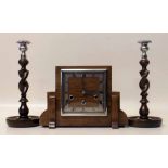 Art Deco walnut 8-day mantel clock and a pair of early 20th century oak barley-twist candlesticks.