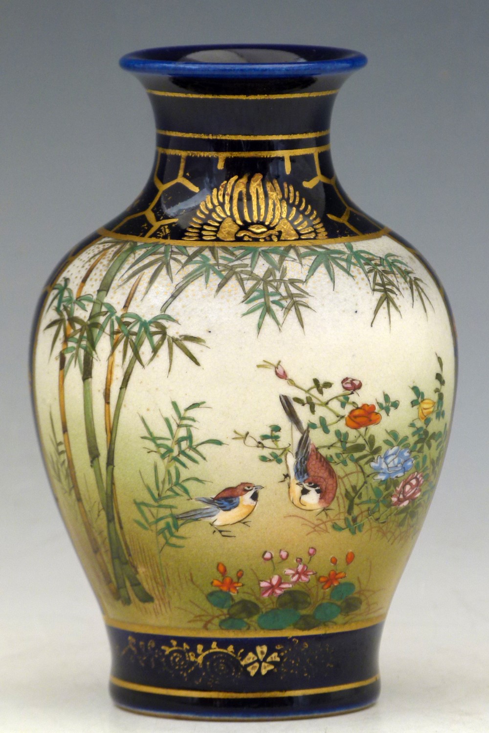 Small Japanese Satsuma vase painted with panels of a cockerel and other birds, remains of seal mark, - Image 3 of 10